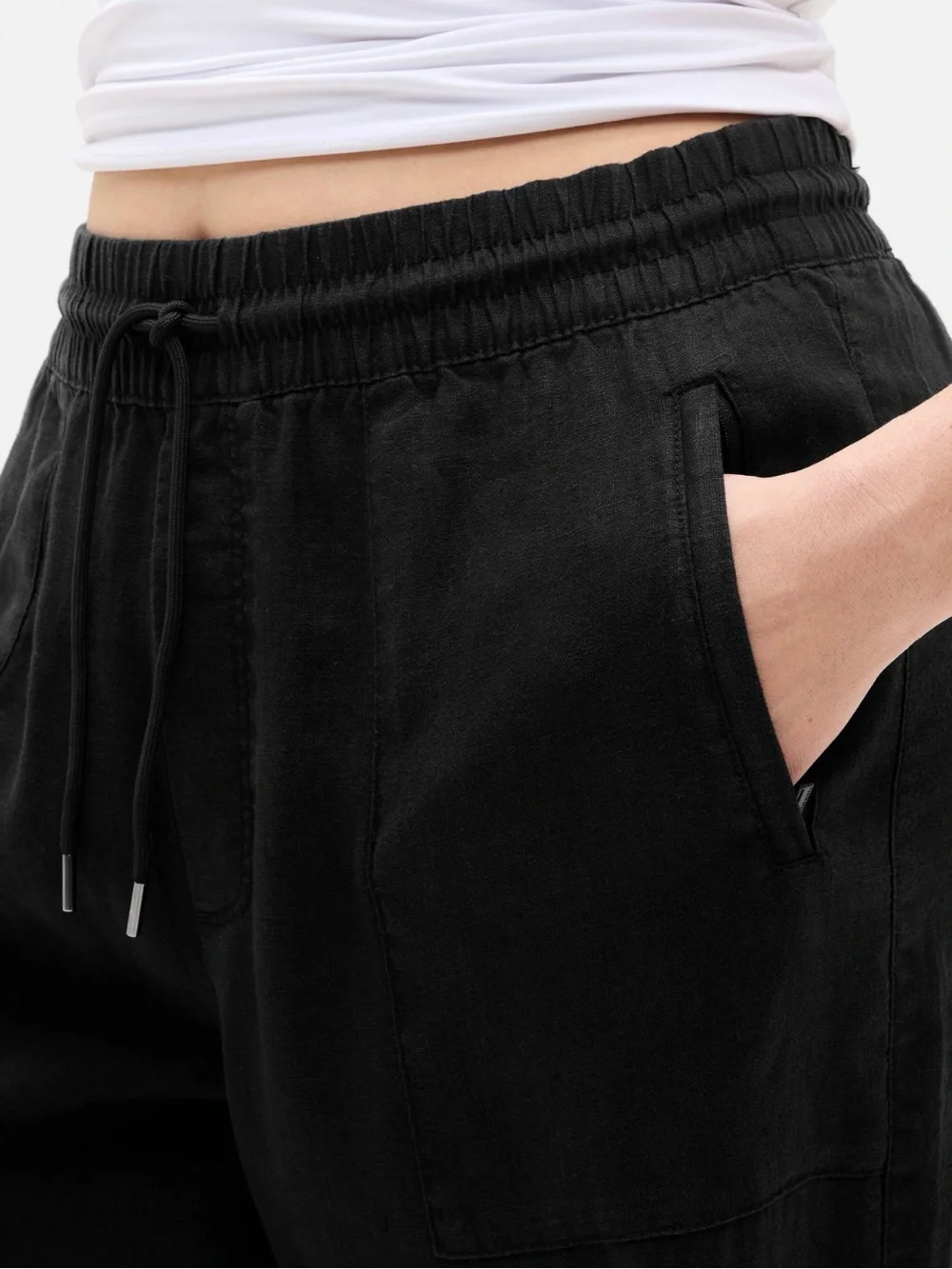 NWT Athleta Black Wide Leg Linen Drawstring Pants with Front Slits (Large)